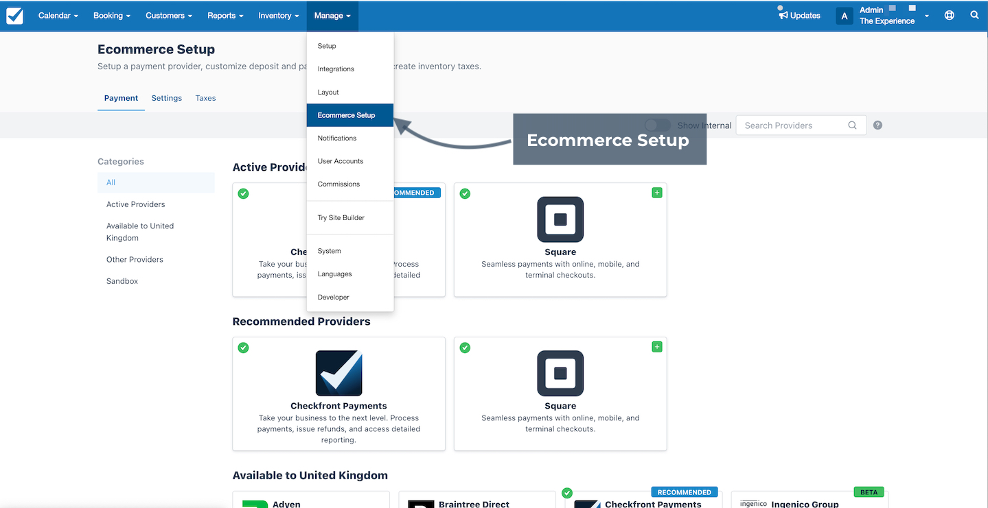 The Manage menu highlights the Ecommerce Setup option used to configure payment providers and tax settings.