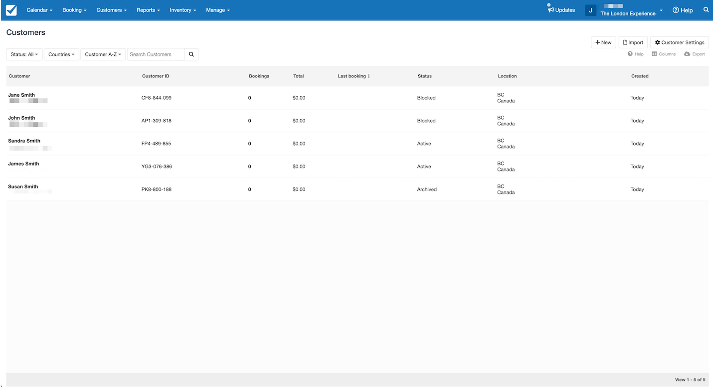 Customer directory page displaying a list of customers with names, customer IDs, booking totals, statuses, and locations.
