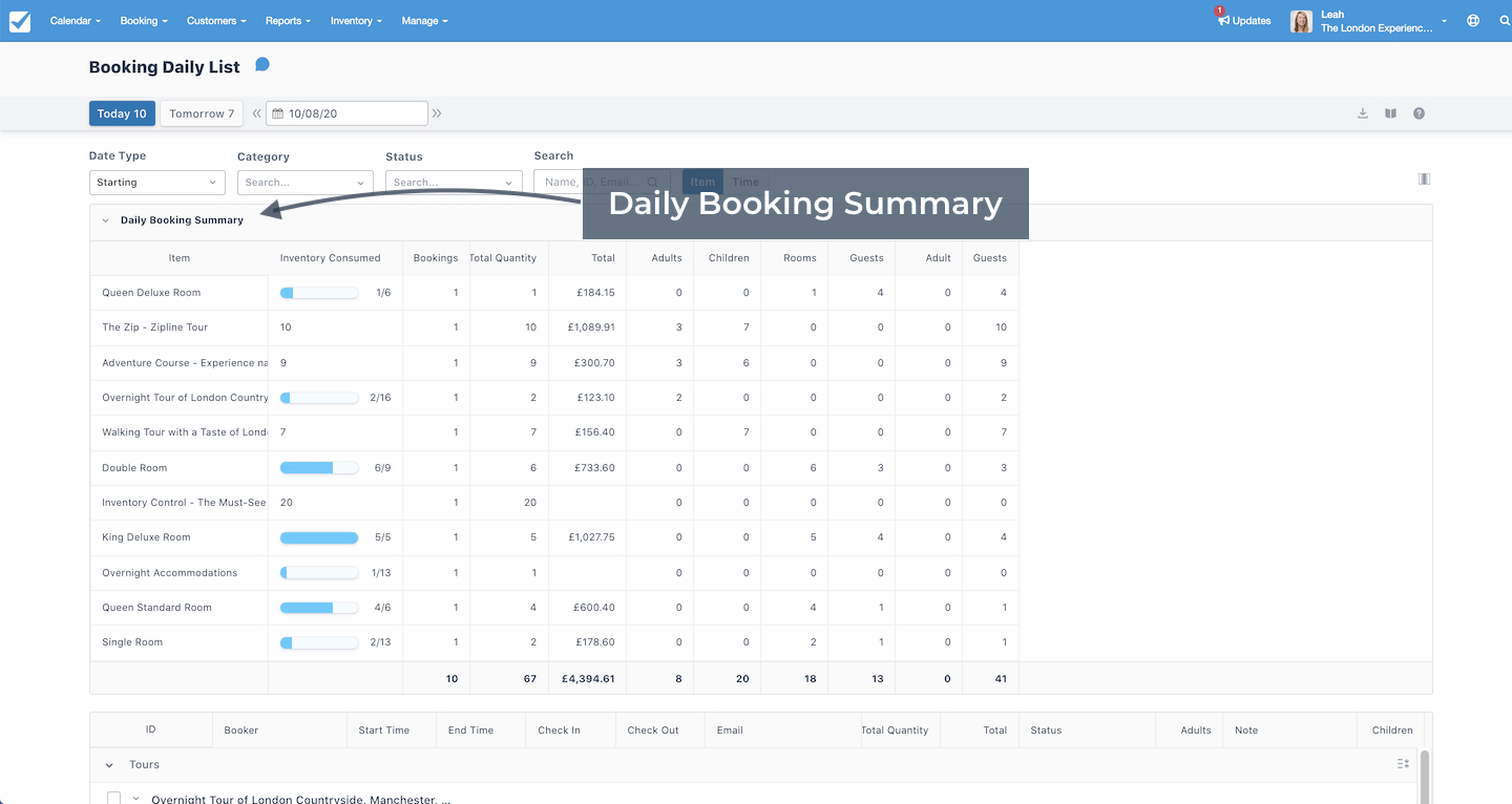 Booking daily list summary view displaying items, inventory consumed, number of bookings, quantities, totals, and guest counts in a table.