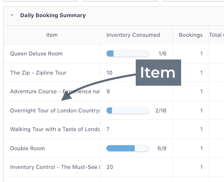 Close-up of daily booking summary highlighting the item column with rows for different tours and rooms.