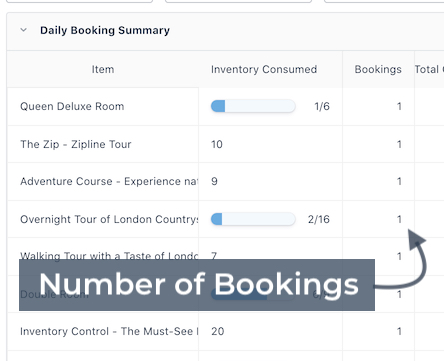 Close-up of daily booking summary table showing the number of bookings column with a value of one for each row.