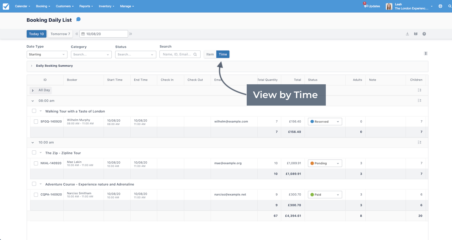 Booking daily list displayed by time with tours and activities organized under hourly slots.