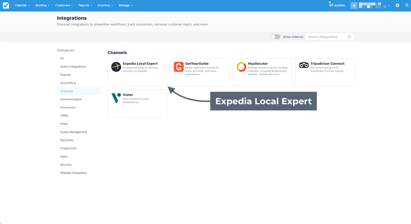 Integrations page highlighting Expedia Local Expert in the Channels section with arrow and label.