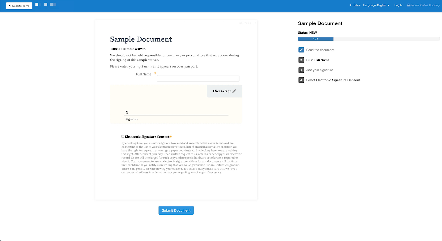 Sample waiver document with fields for full name, electronic signature, and consent checkbox, alongside a progress tracker showing required steps.