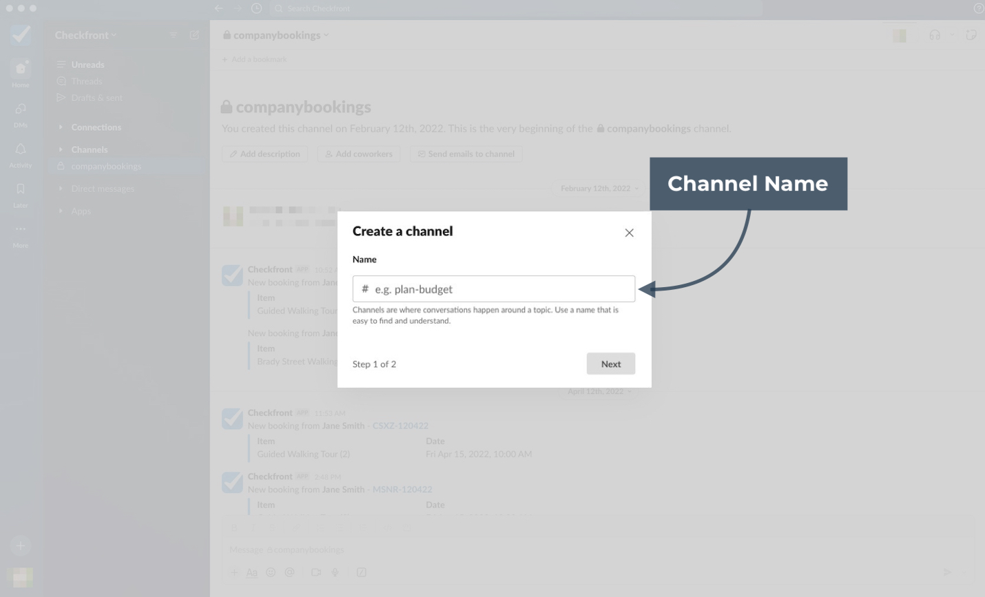 Create a channel pop-up with a text field for entering the channel name before continuing.