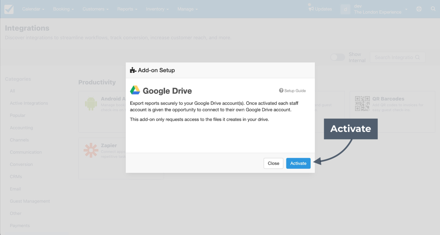 Checkfront Google Drive add-on setup window with option to activate integration.