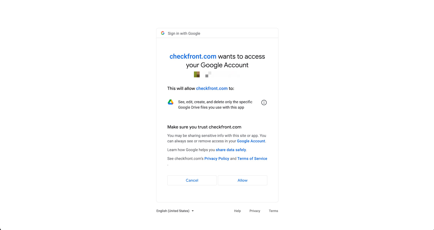 Google sign-in permissions screen requesting access for Checkfront to connect with Google Drive.