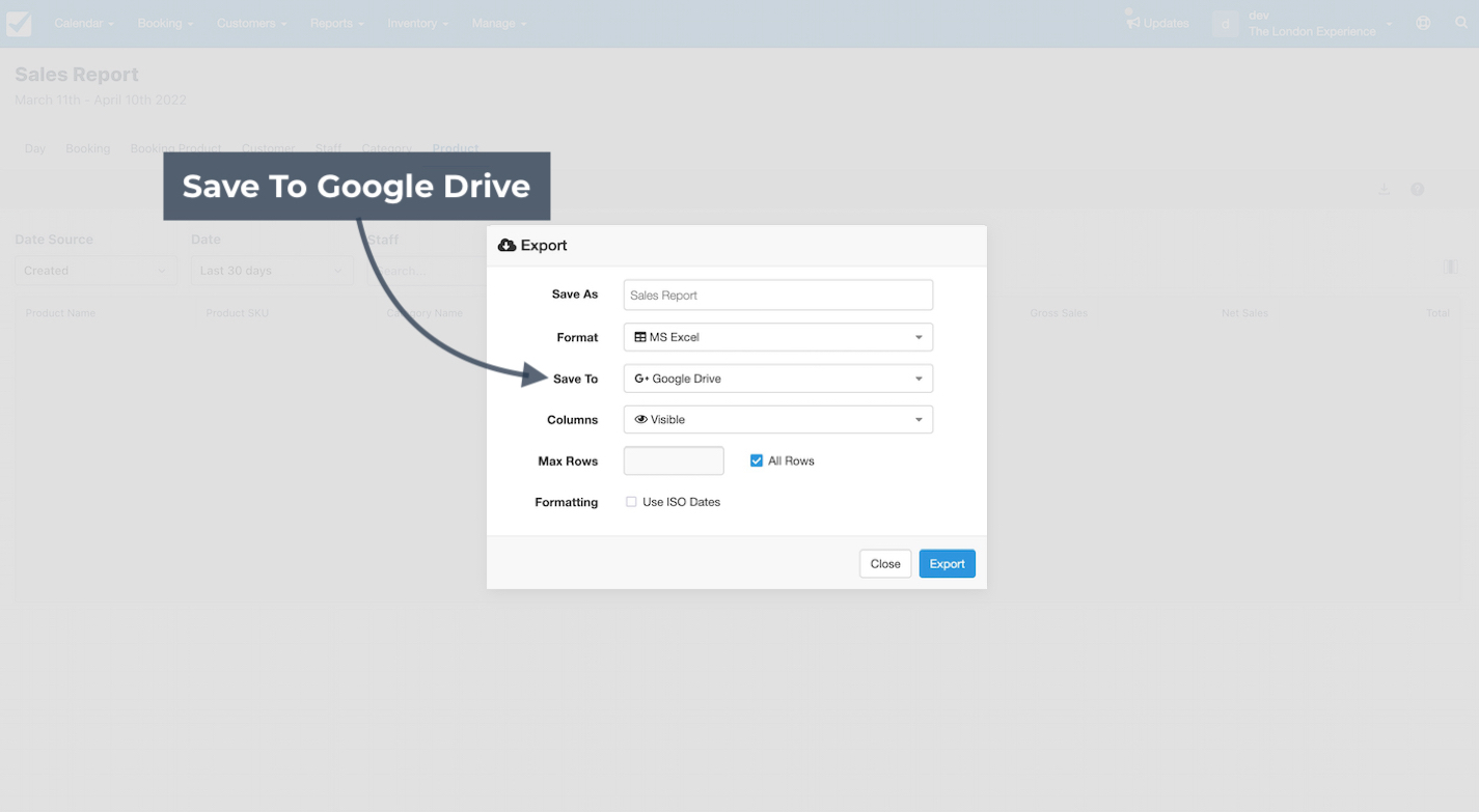 Checkfront export report window highlighting Save to Google Drive option for saving reports.