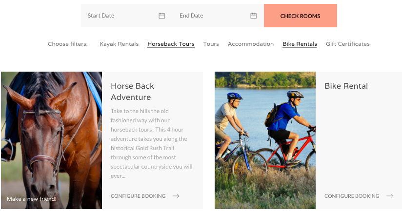 Booking page showing horseback tours, bike rentals, and accommodations with images of a horse, two cyclists, a lodge by a lake, and a luxury hotel room.