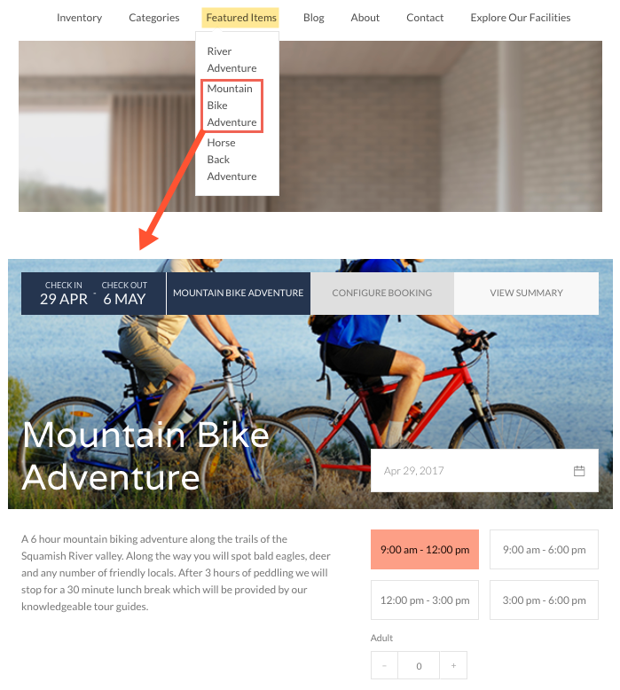 Mountain bike adventure booking page showing two cyclists riding along a riverside trail with booking dates and time slots.