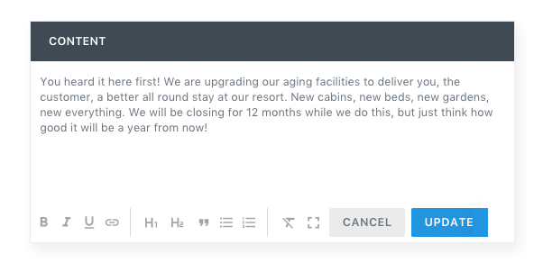 Content editor showing a blog update announcing resort facility upgrades, new cabins, and a one year closure period.