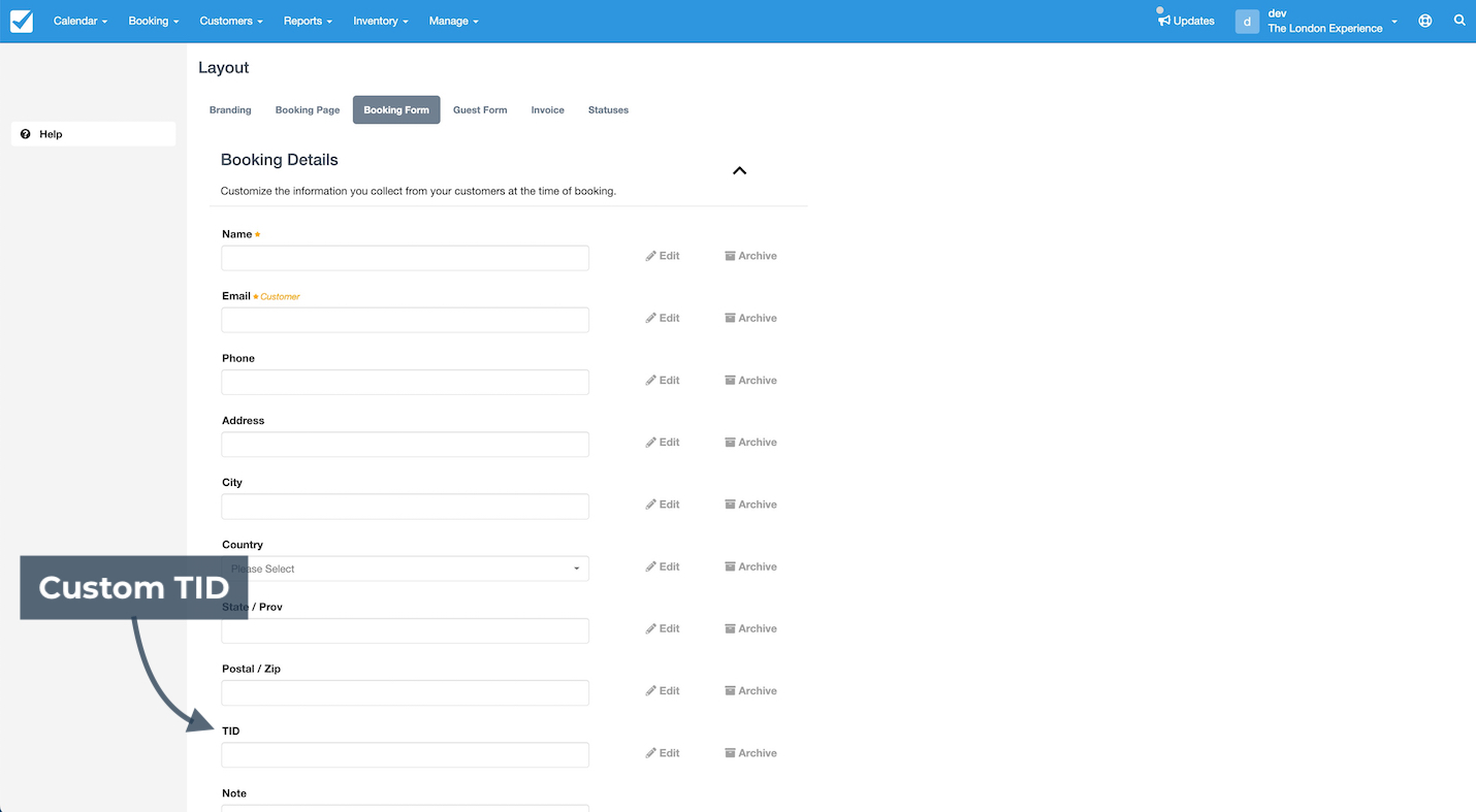 Booking form layout settings with custom TID field included in customer booking details.