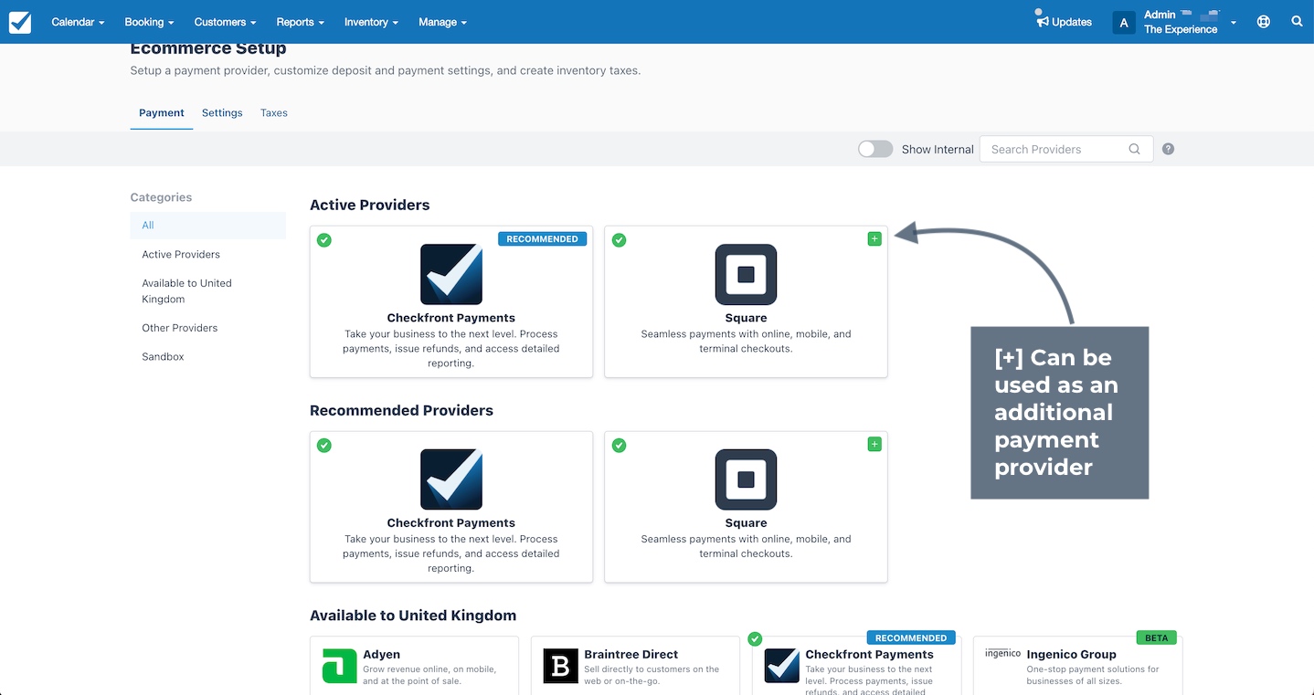 The Ecommerce Setup page highlights the plus icon beside a provider, indicating it can be added as an additional payment option.