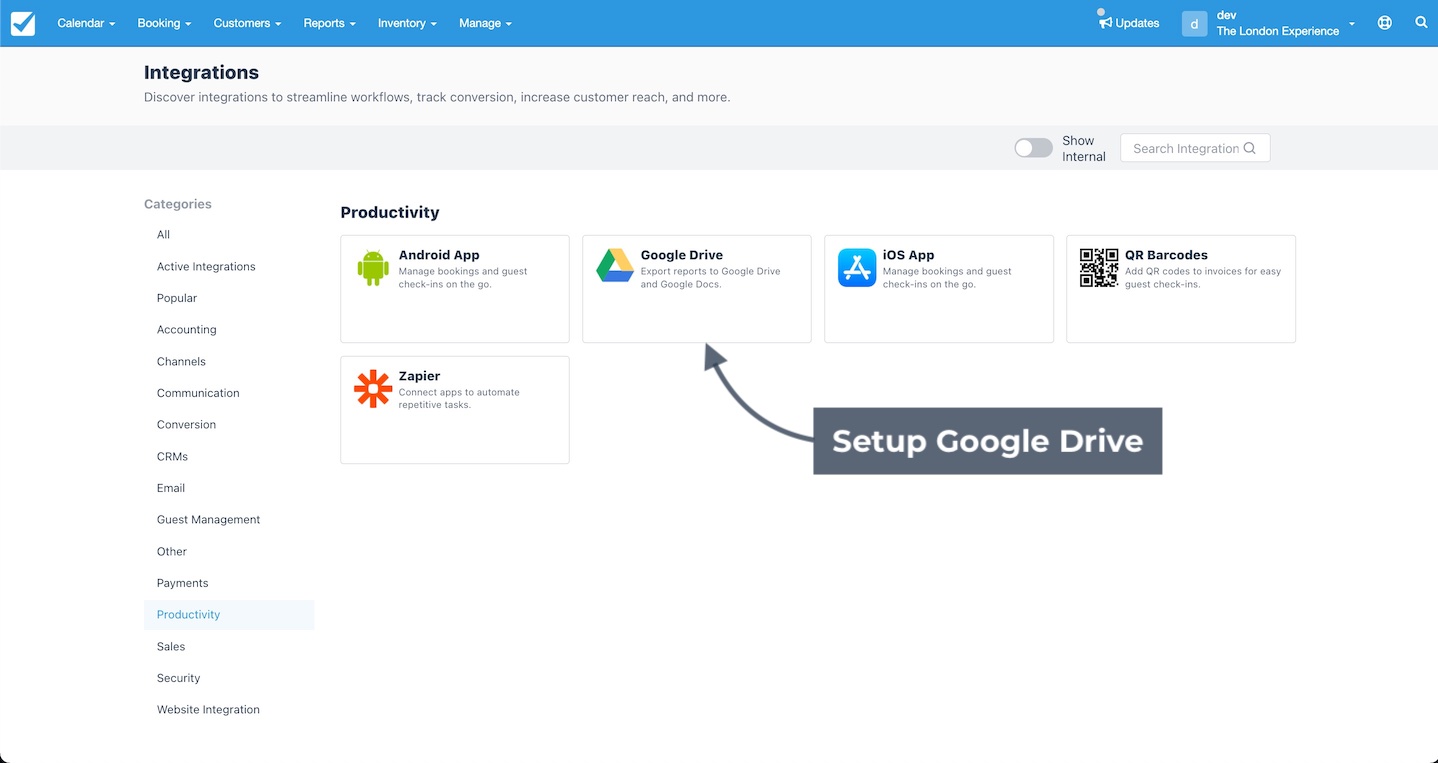 Checkfront integrations page showing Productivity category with Google Drive option highlighted.