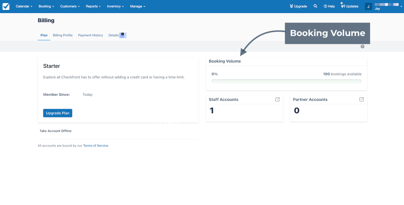 Billing page under the Starter plan with Booking Volume highlighted, showing available bookings, staff accounts, and partner accounts.