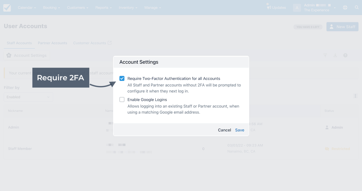 Account settings screen showing the option to require two factor authentication for all accounts with a checkbox selected.