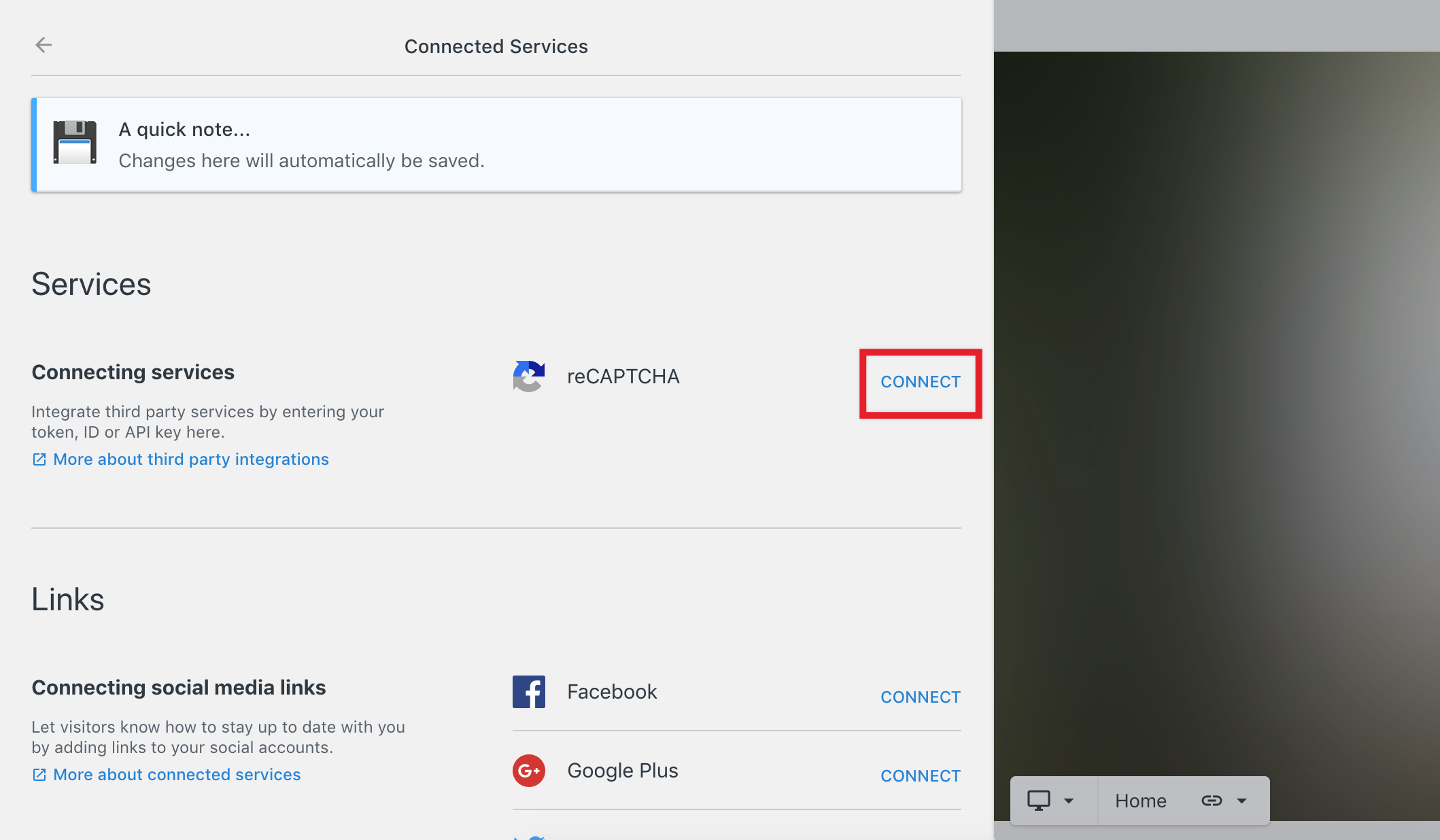 Connected Services settings with reCAPTCHA option highlighted and Connect button available for integration.