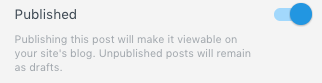Post Settings panel with Published toggle switched on to make the blog post visible.