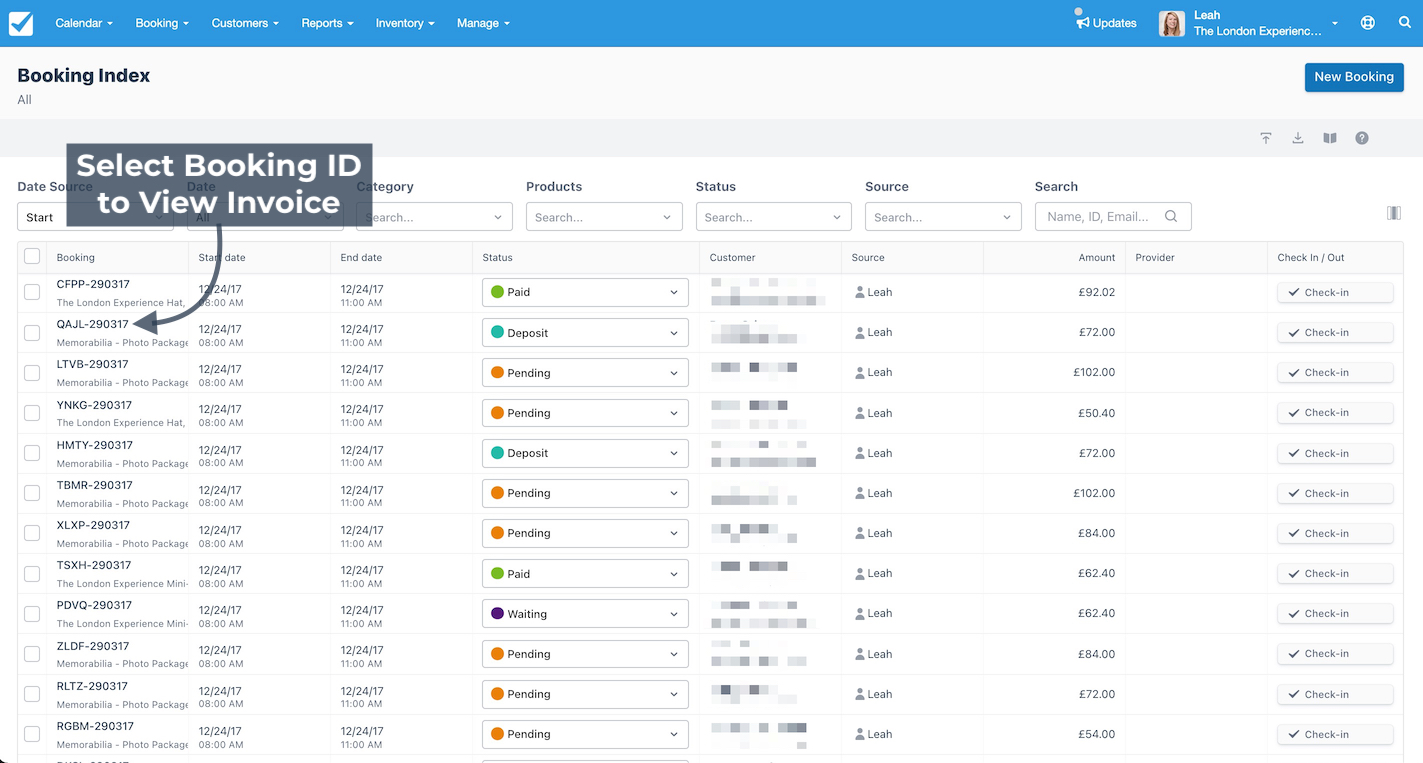 Booking index page with a booking ID highlighted to select and view its invoice details.