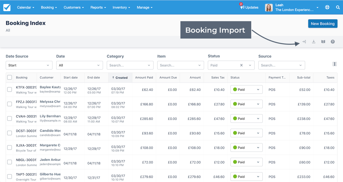Booking index view showing a list of customer reservations with an arrow pointing to the Booking Import button for uploading booking data.