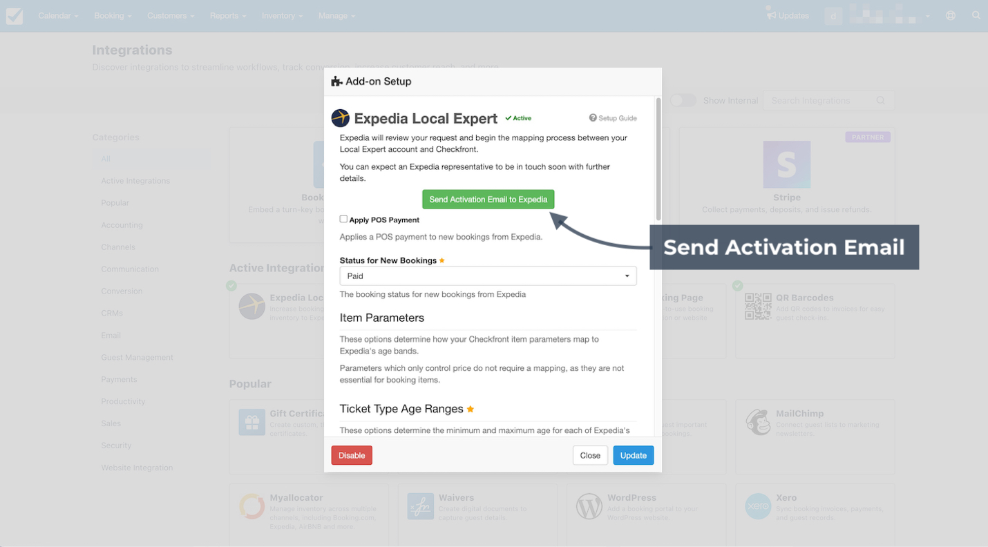 Expedia Local Expert add-on setup screen showing active status and option to send activation email to Expedia.
