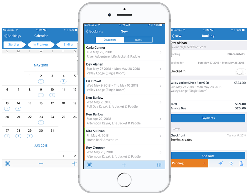 iOS app screenshots showing calendar view on the left, customer bookings list in the center, and booking detail screen on the right with payment and check-in options.