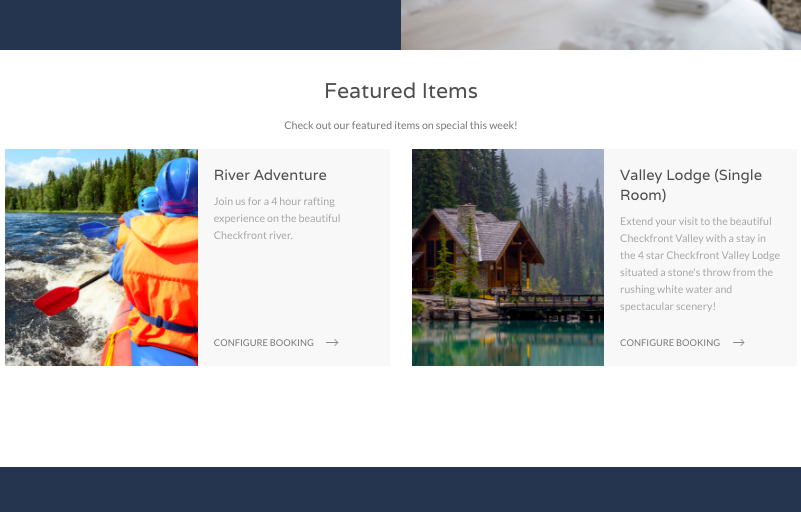 Website menu highlighting Featured Items with dropdown options and a mountain bike adventure page showing cyclists riding along a trail.