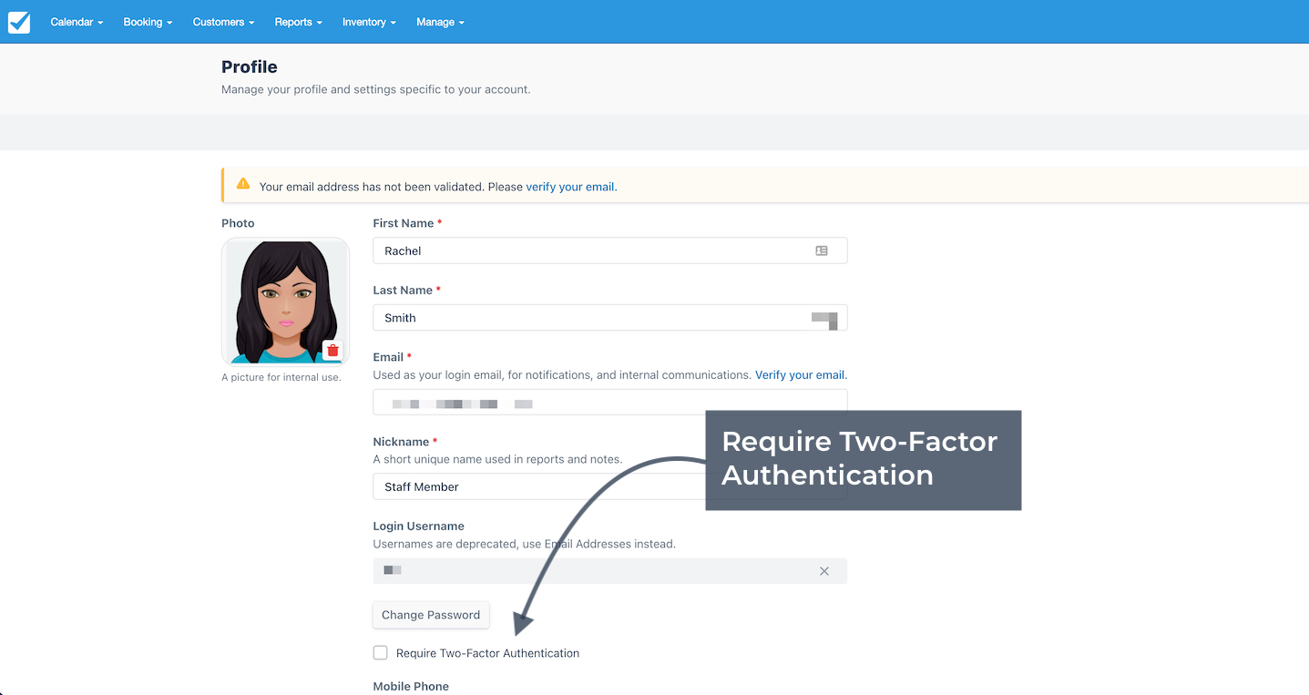 Profile settings page displaying fields for account details with an option to require two factor authentication highlighted by an arrow.