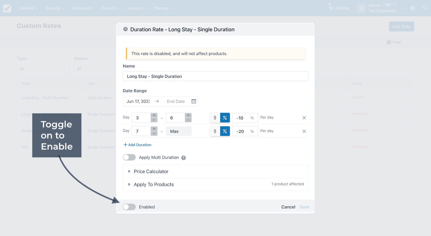 Custom rate editor highlighting Enabled toggle to activate or deactivate the rate.
