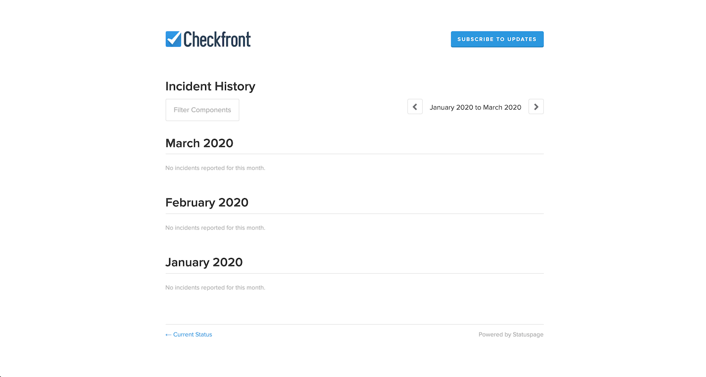Checkfront incident history page showing a list of months with no reported incidents.