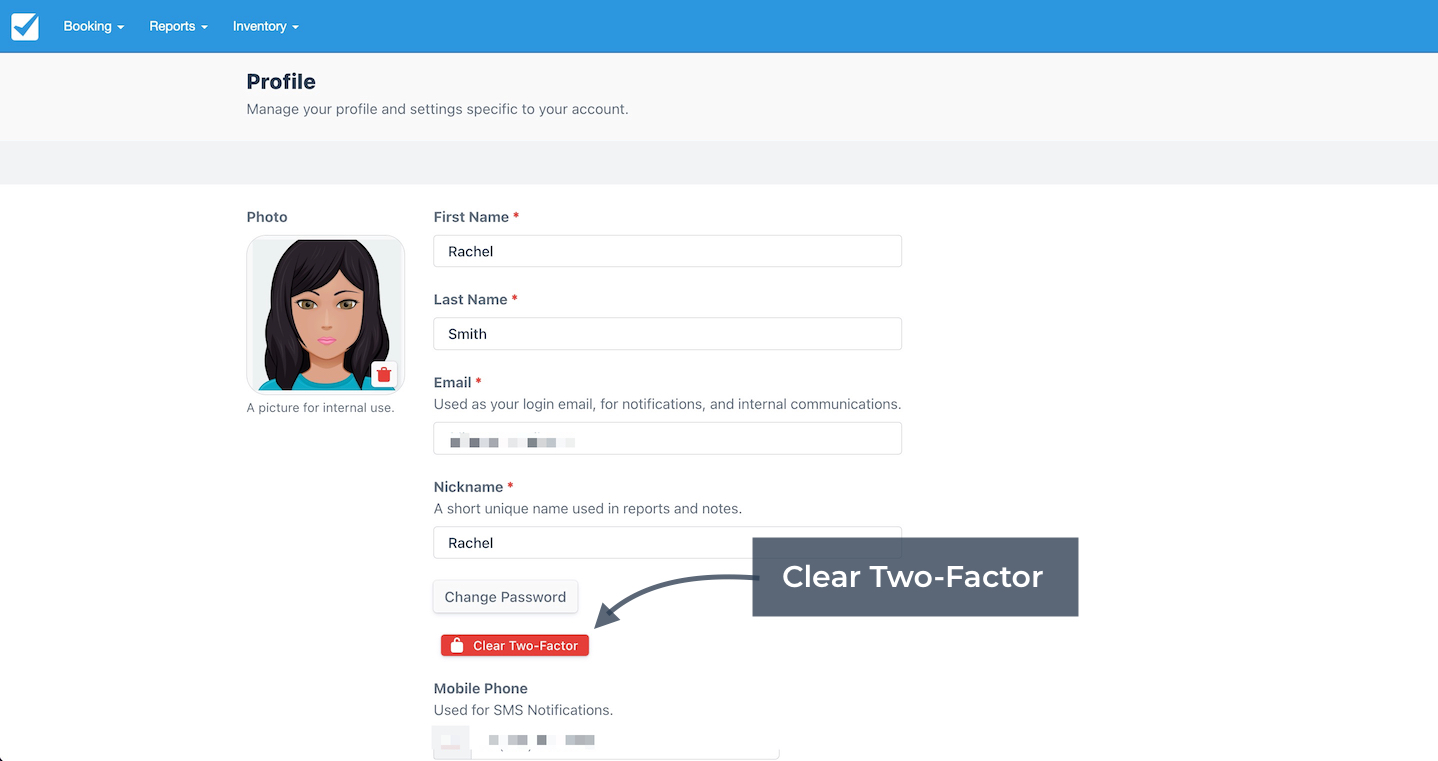 Profile page showing account information with a red clear two factor button highlighted by an arrow.