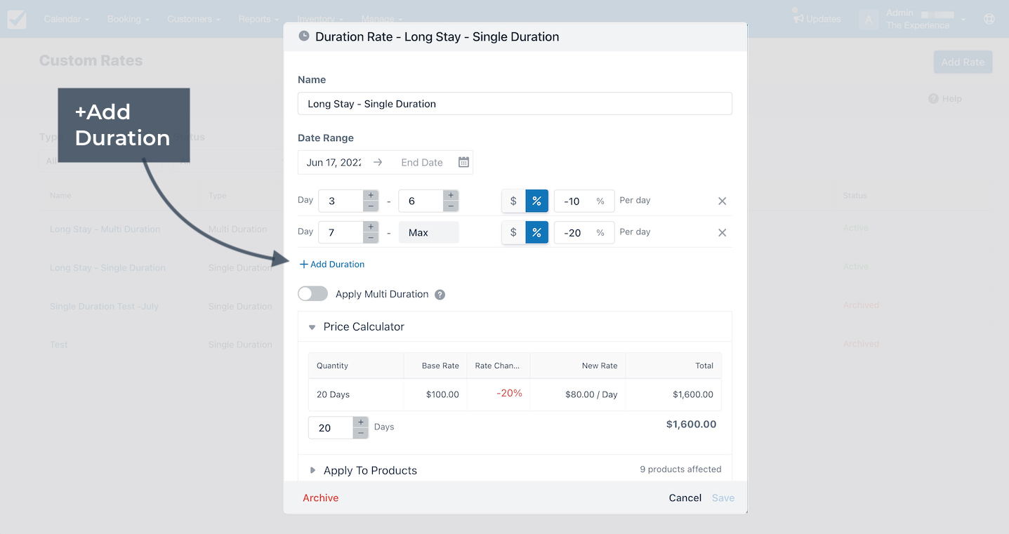 Custom rate editor highlighting Add Duration option for creating additional stay duration ranges.