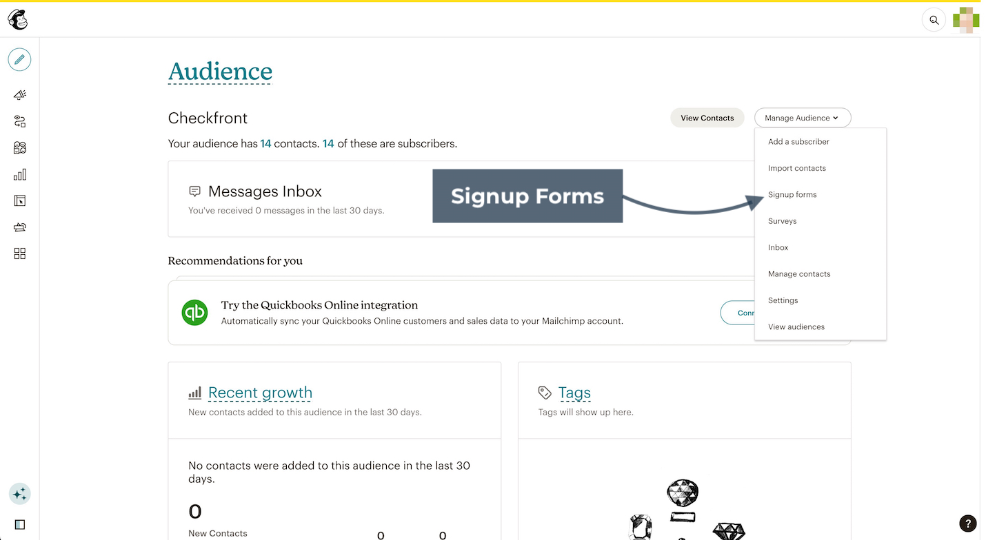 Mailchimp audience dashboard with Manage Audience menu expanded highlighting Signup forms option.