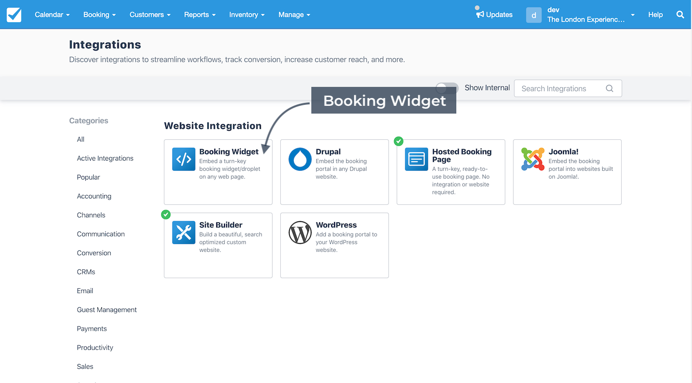 Integrations page showing website integration options with an arrow highlighting the booking widget.