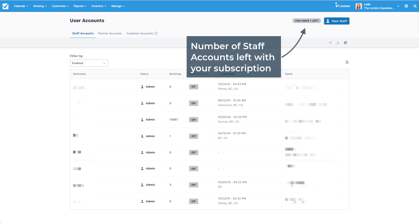 Checkfront user accounts page highlighting the number of staff accounts left in the subscription.