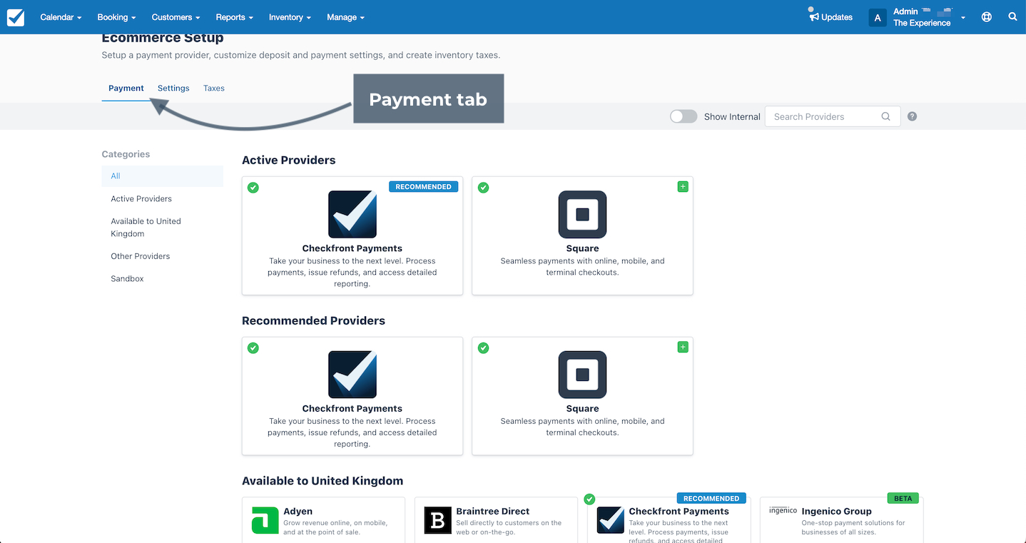The Ecommerce Setup page highlights the Payment tab used to manage active payment providers and settings.