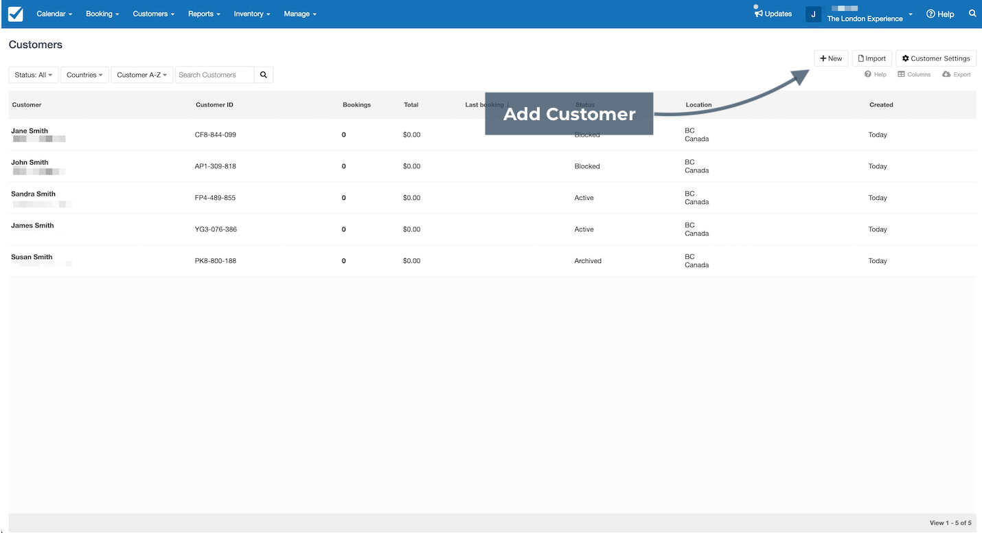 Customer directory page displaying a list of customers with an arrow pointing to the Add Customer button for creating a new record.