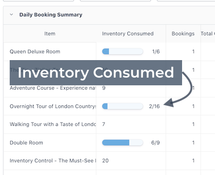 Close-up of daily booking summary table showing inventory consumed values represented as fractions and progress bars.