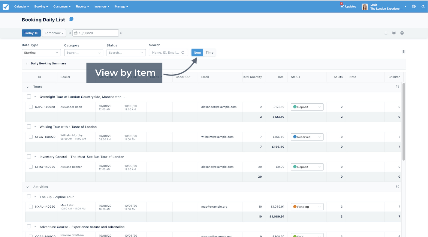 Dashboard booking daily list showing bookings grouped by item with columns for ID, booker, times, email, total quantity, total cost, and booking status.