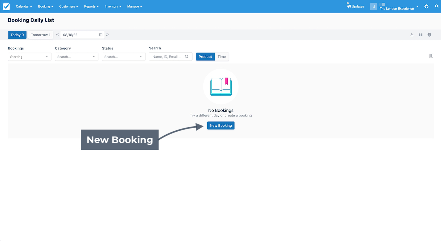 Daily booking list showing no bookings with a new booking button highlighted for creation.