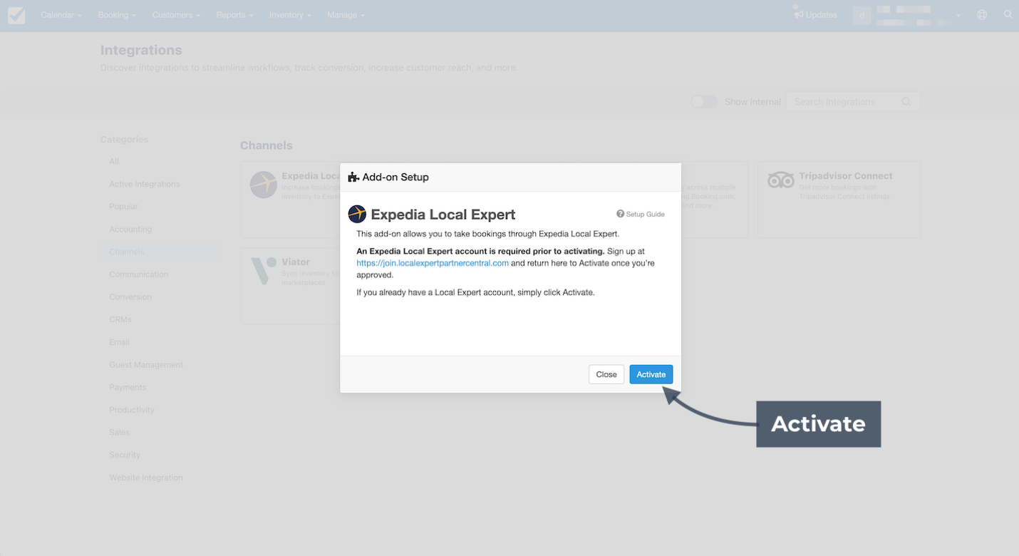 Expedia Local Expert add-on setup window with Activate button highlighted.