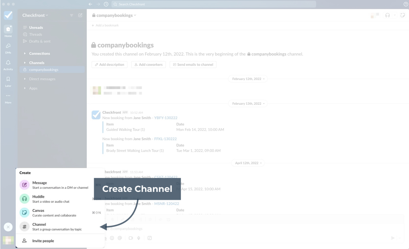 Messaging workspace showing the create menu with the Channel option highlighted to start a new group conversation.