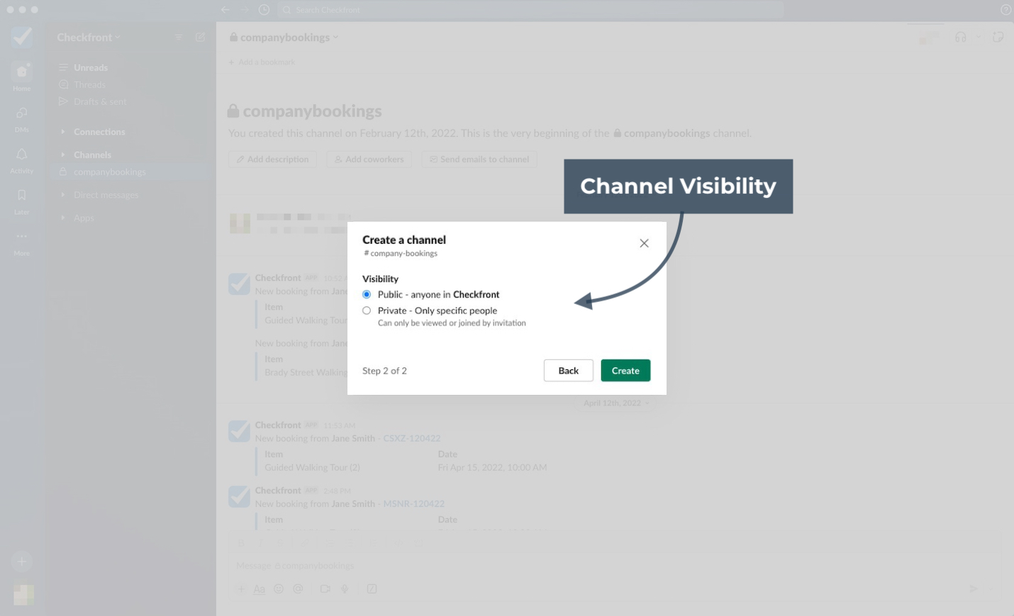 Create a channel pop-up with visibility settings to choose between public or private access before creating the channel.