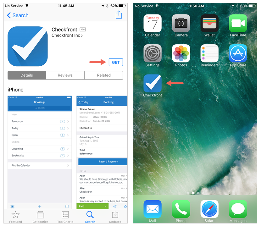 App Store page on the left showing Checkfront app with Get button highlighted, and iPhone home screen on the right displaying Checkfront app icon.