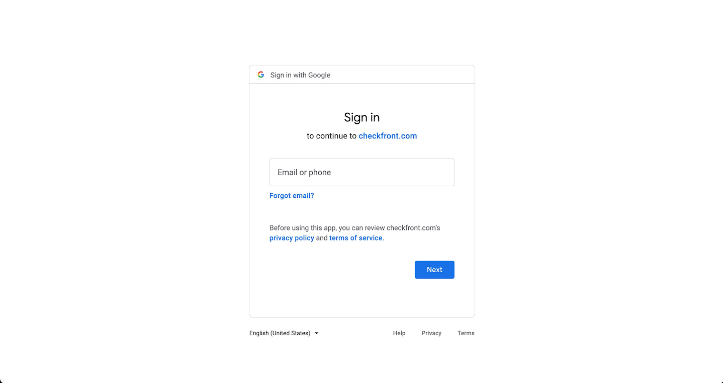 Google sign-in page prompting user to enter email or phone to continue to Checkfront.
