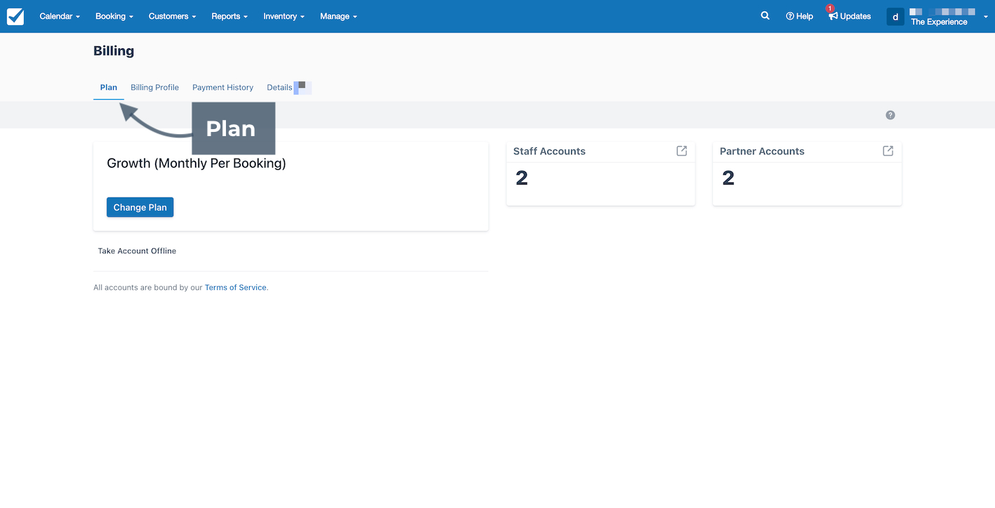 Billing page showing the current plan labeled Growth (Monthly Per Booking) with Plan highlighted as the selected tab.