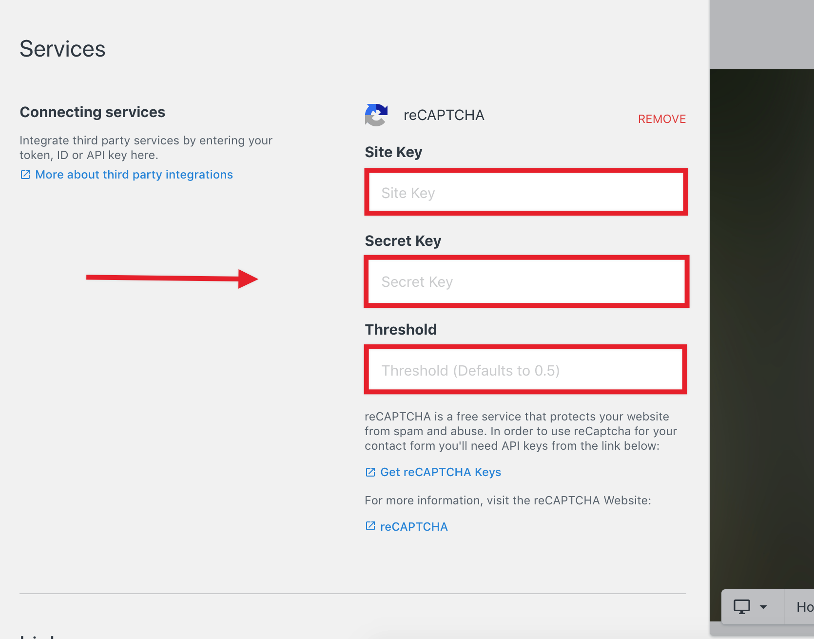 Services panel showing reCAPTCHA integration fields for Site Key, Secret Key, and Threshold with input boxes highlighted.