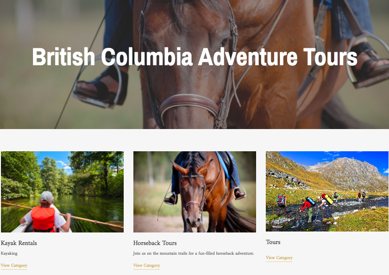 Featured items section displaying a river rafting adventure with people paddling in life jackets and a lodge on a forested lake.
