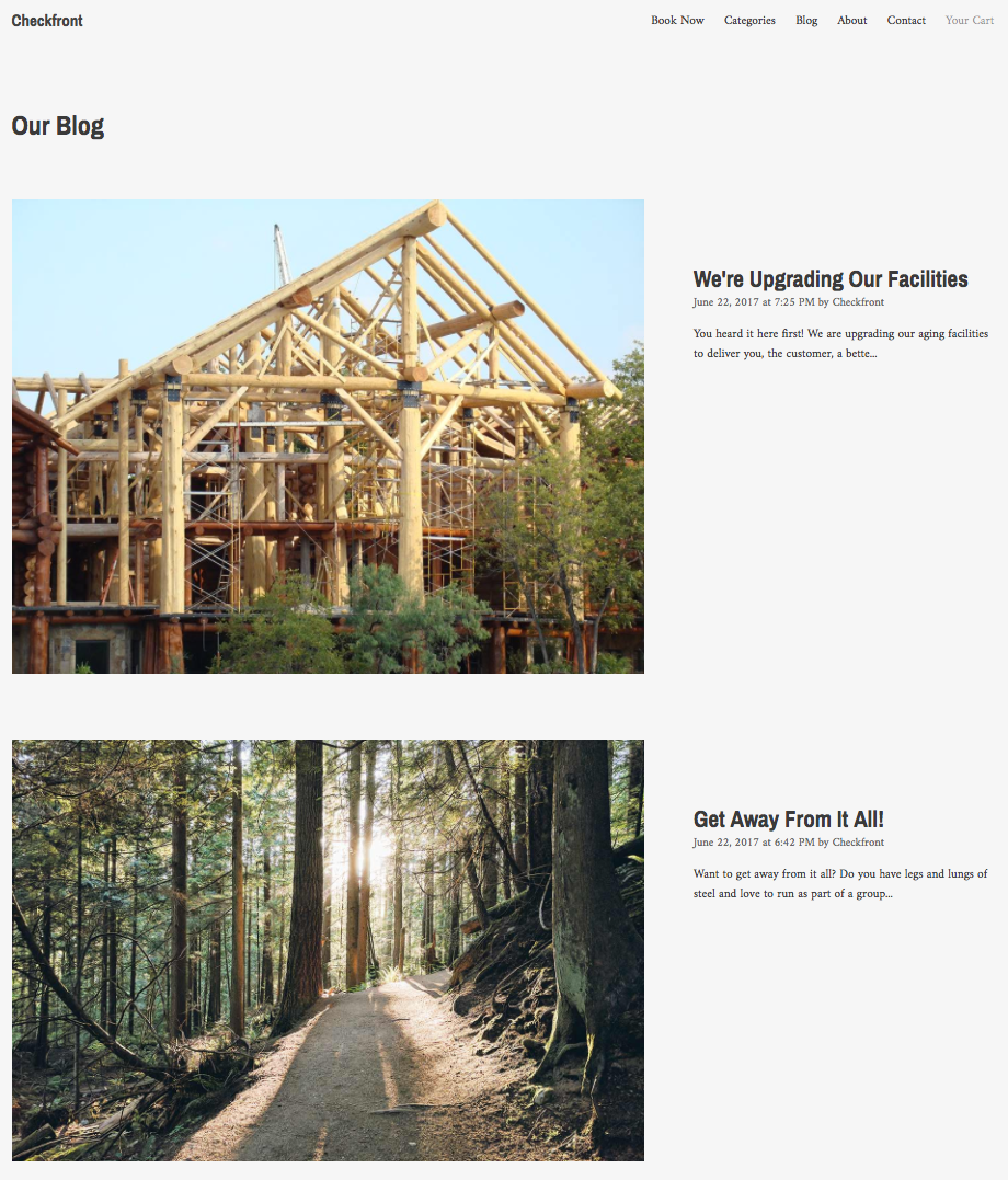 Blog page preview displaying two posts, one with a wooden structure image and title We’re Upgrading Our Facilities and another with a forest path image titled Get Away From It All.
