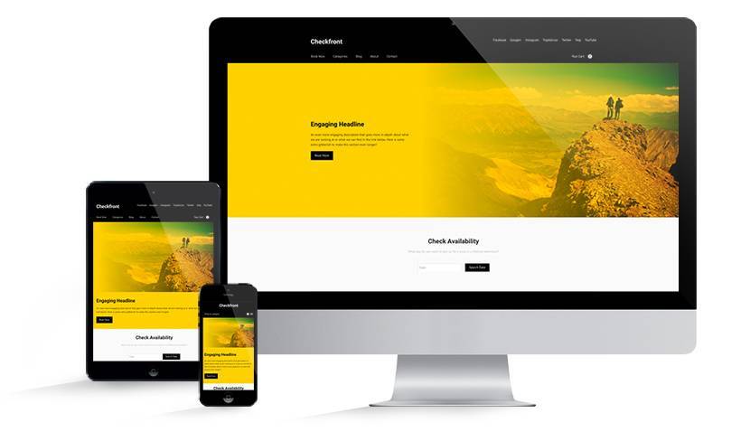 Responsive website design preview shown on desktop, tablet, and smartphone with bold yellow hero banner.